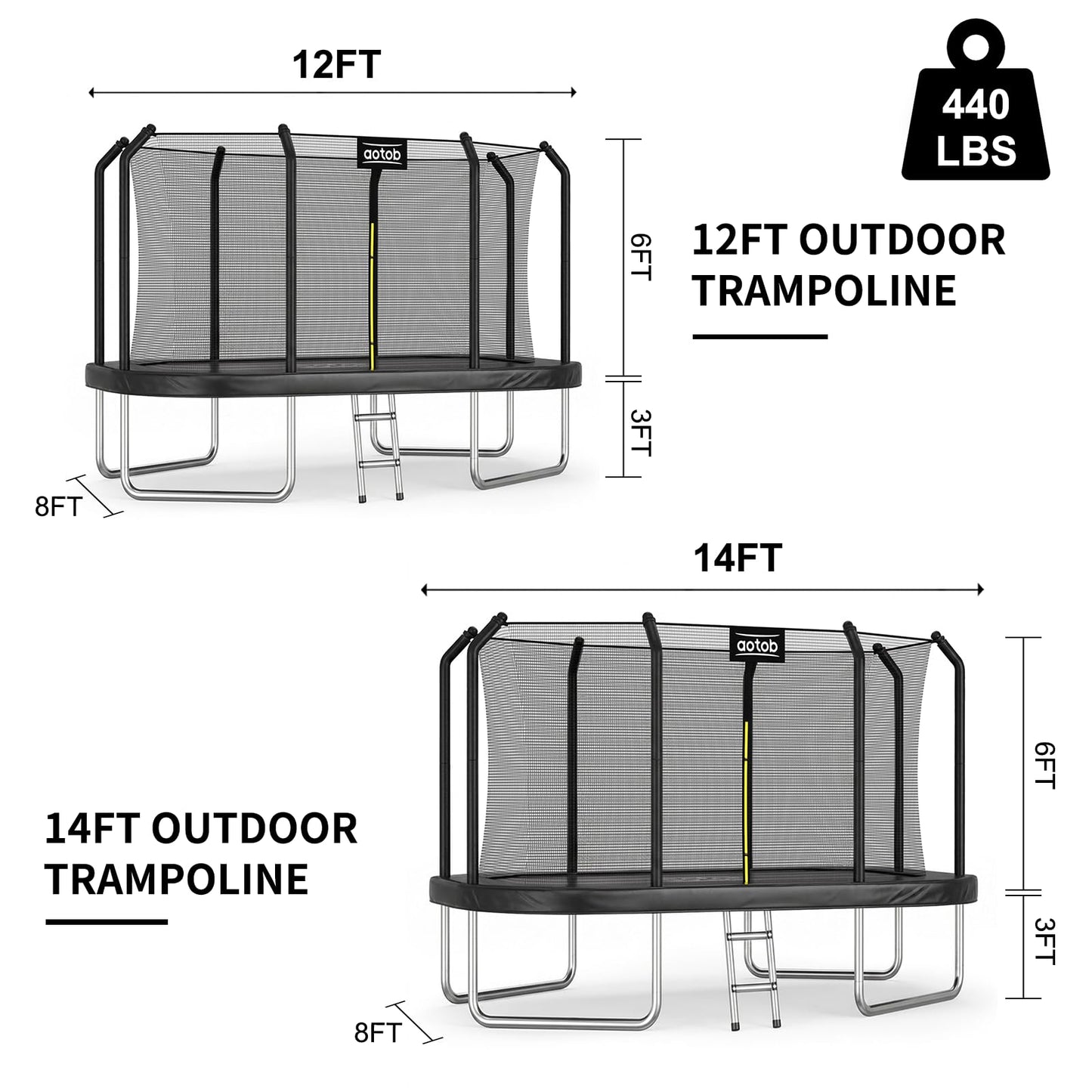 AOTOB 8×14 FT Rectangle Trampoline - Perfect Outdoor Trampoline for Kids - Gymnastics Style Tranpoline with Enclosure Net - Supports Up to 440 lbs(Black)