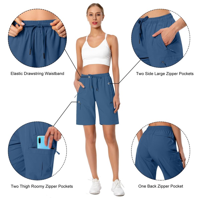 Hugut Women's Lightweight Hiking Cargo Shorts Quick Dry Athletic Shorts for Camping Travel Golf with Zipper Pockets Water Resistant Blue