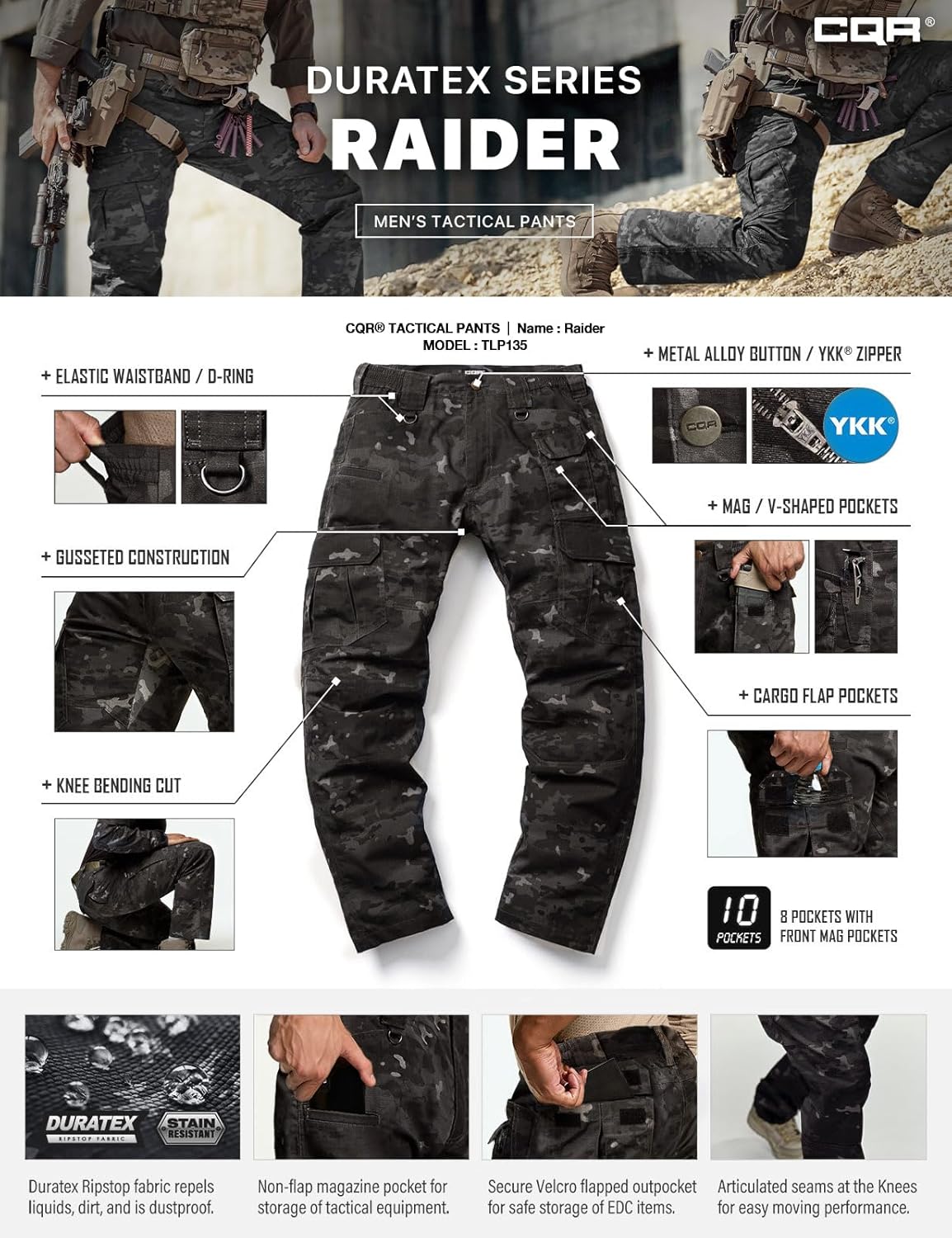 CQR Men's Tactical Pants - Water Resistant Ripstop Cargo Design | Lightweight EDC Hiking Gear
