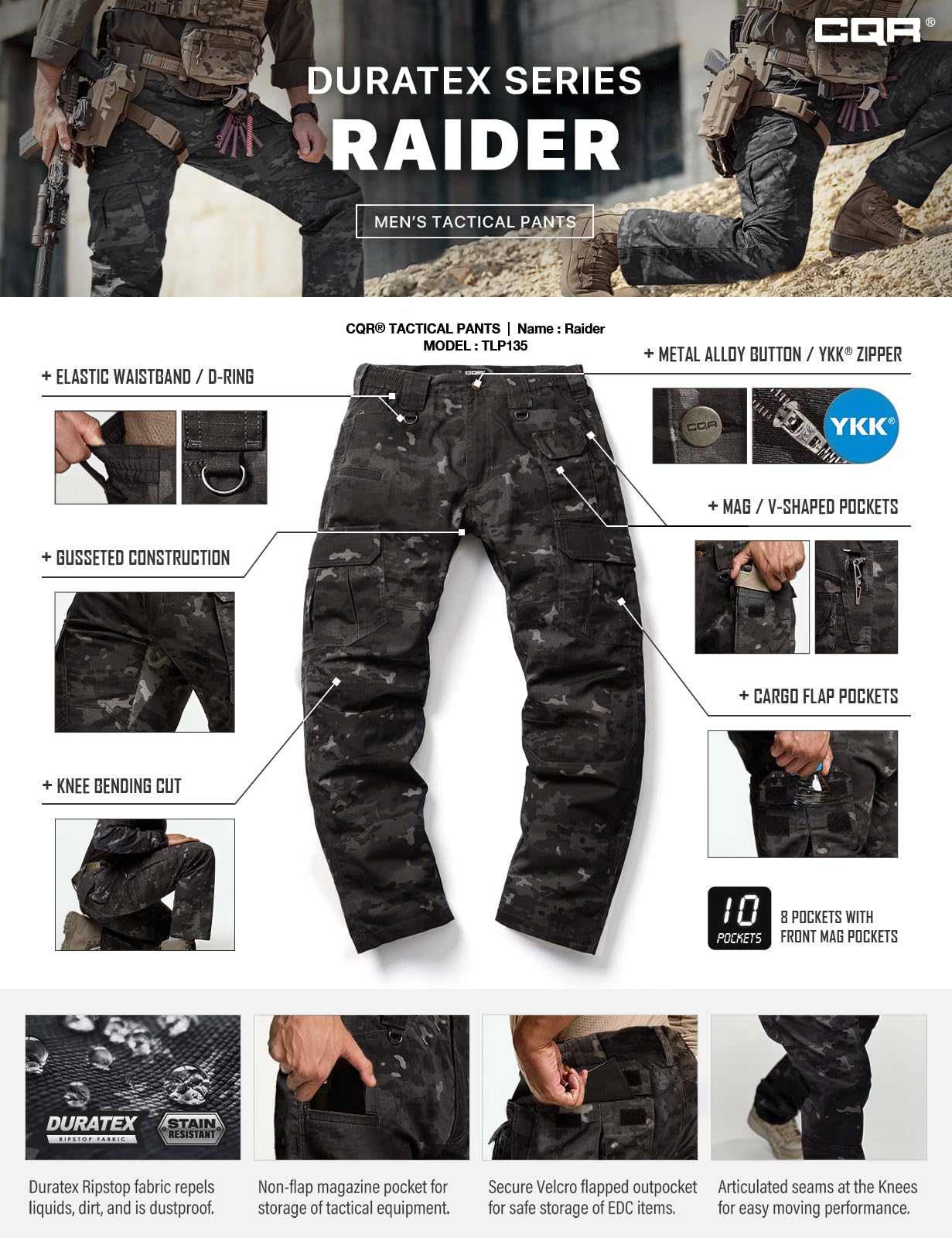 CQR Men's Tactical Pants, Water Resistant Ripstop Cargo Pants, Lightweight EDC Work Hiking Pants, Outdoor Apparel, Duratex Mag Pocket Print Utility Camo Black, 30W x 32L