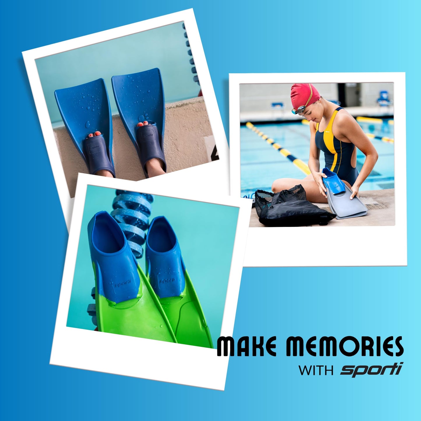 Sporti Adult-Kids Long Swim Fins, Floating Fin for Swimming & Snorkeling, Swim Flippers for Training - NavyBlue - M 8-9 / W 9-10