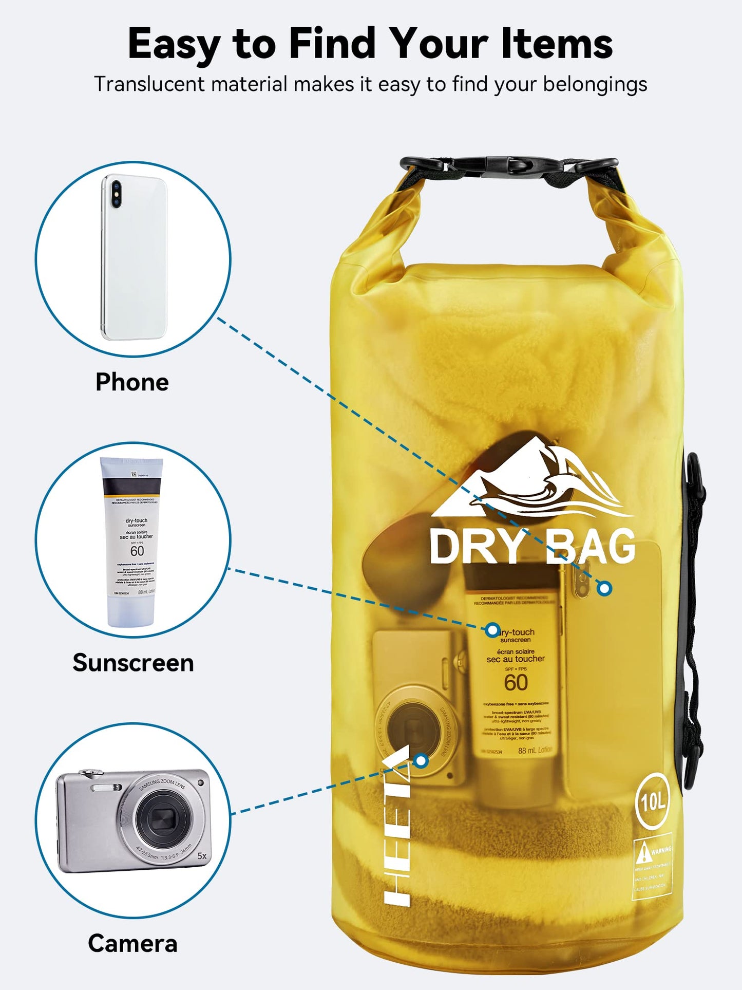HEETA Dry Bag Waterproof for Women Men, Roll Top Lightweight Dry Storage Bag Backpack with Phone Case for Travel Swimming Boating Kayaking Paddle Board Camping Beach Accessories (Yellow, 40L)