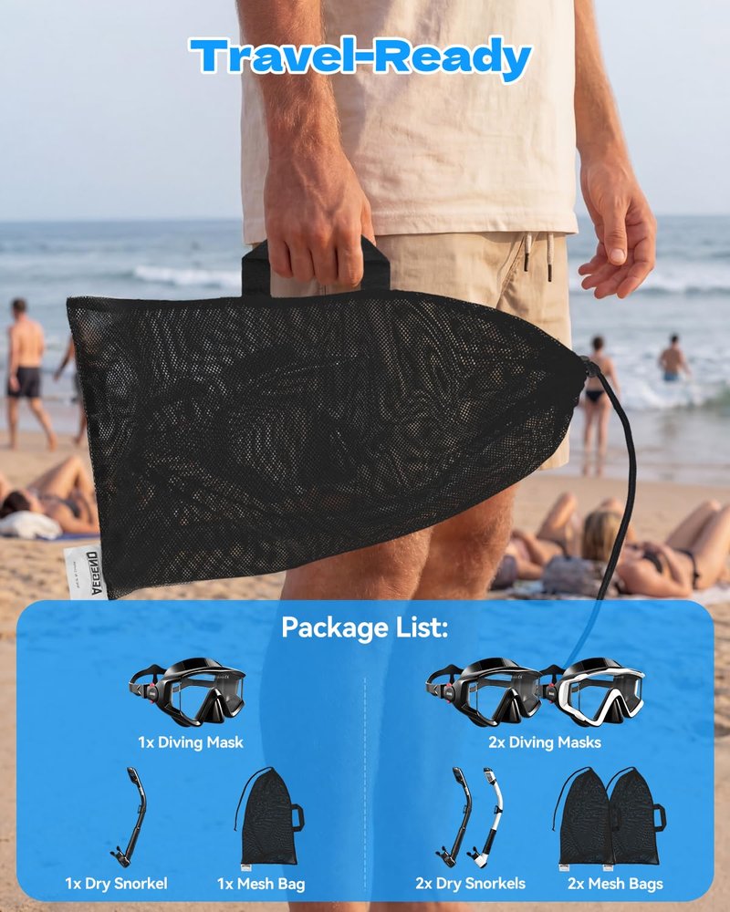 Aegend Snorkel Diving Mask for Adult Men Women – Diving Goggles Anti-Fog Tempered Glass Lens | for Adult Snorkeling, Swimming & Diving Gear (Black & White-2 Pack)
