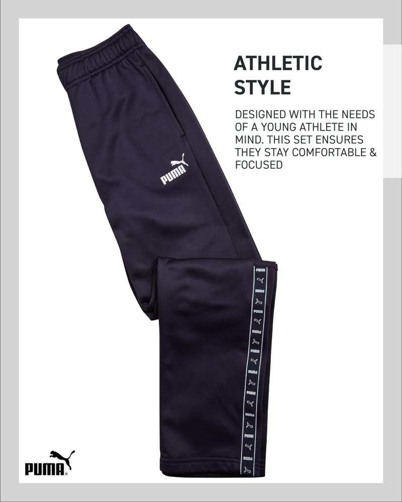 PUMA Boys Sweatpants - Performance Boys Jogger Pants with Drawstring & Pockets - Soft Fleece Athletic Sweatpants (Sizes 8-20), Size 10-12, Navy Side Logo