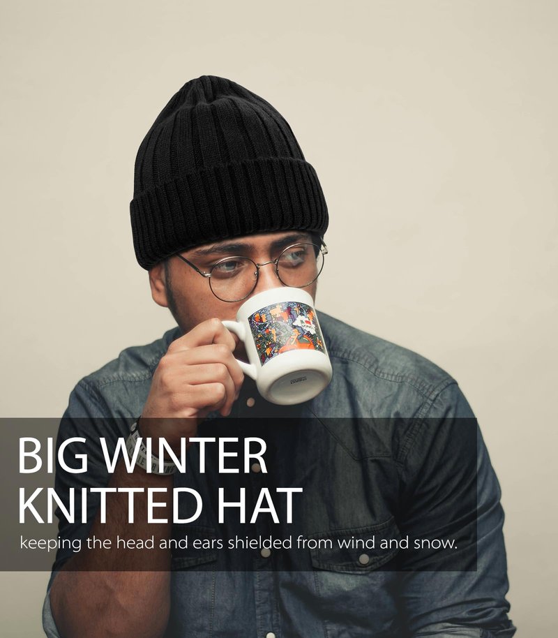 LiuSuper Wool Beanie Winter Hat - Unisex Warm Knitted Cap with Wool Lining, Oversized Fit Black Grey