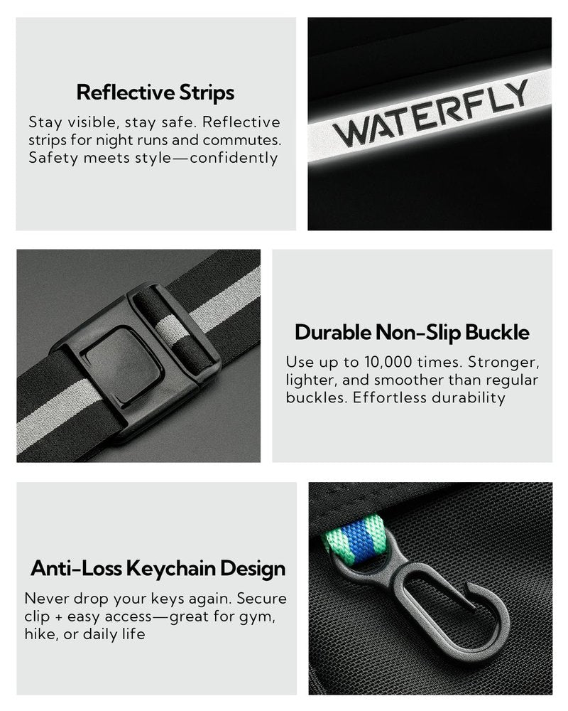 WATERFLY Running Belt Fanny Pack: Slim Breathable 4 Pocket Waist Bag for Men Women Sport Workout Exercise Fitness Phone Holder - Runner Marathon Jogging Waistband Fits ALL Phones Black