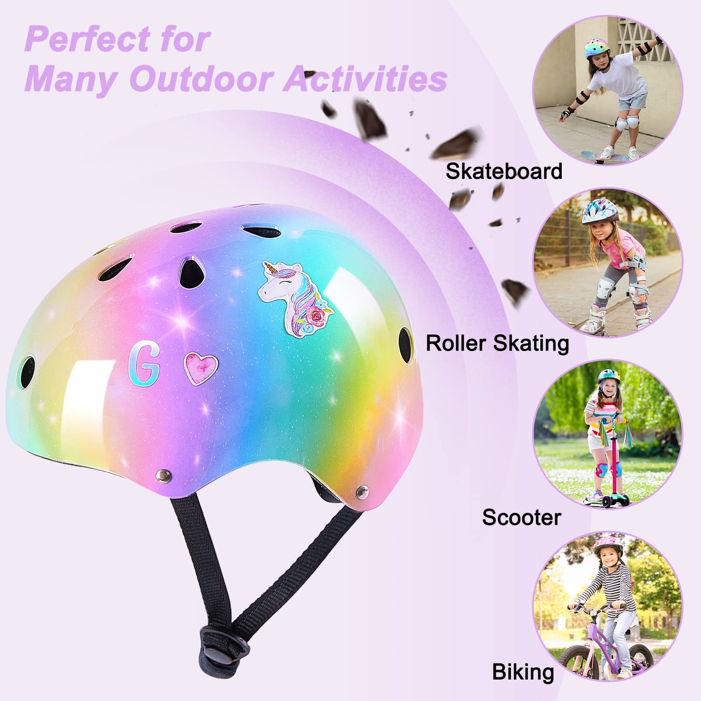Unicorn Catcher Kids Helmet and Knee Pads Set, Adjustable for Girls Ages 3-8