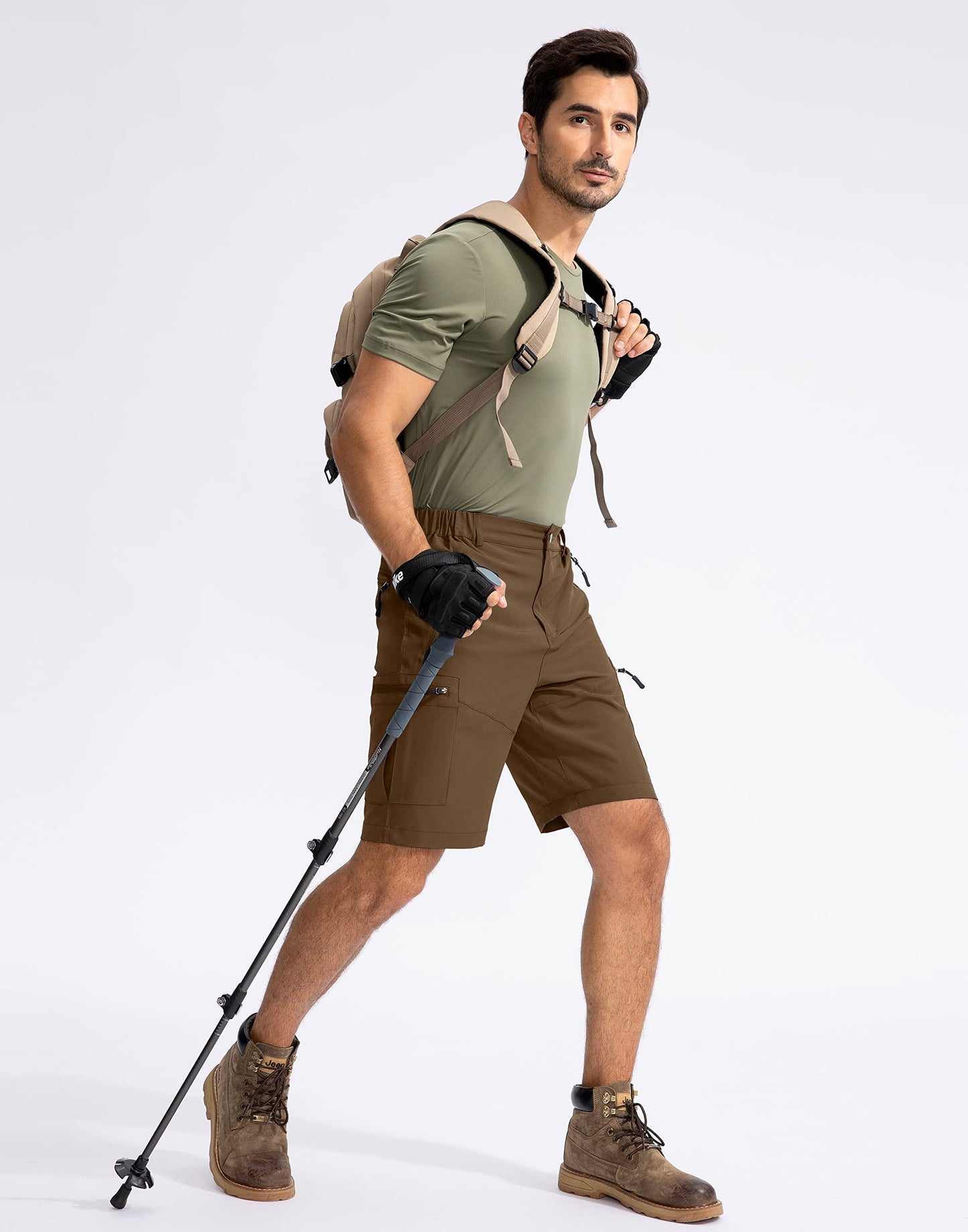 Pudolla Men's Hiking Cargo Shorts 9" Lightweight Outdoor Work Shorts for Men Travel Golf Camping Casual with 5 Zipper Pockets(Brown Large)
