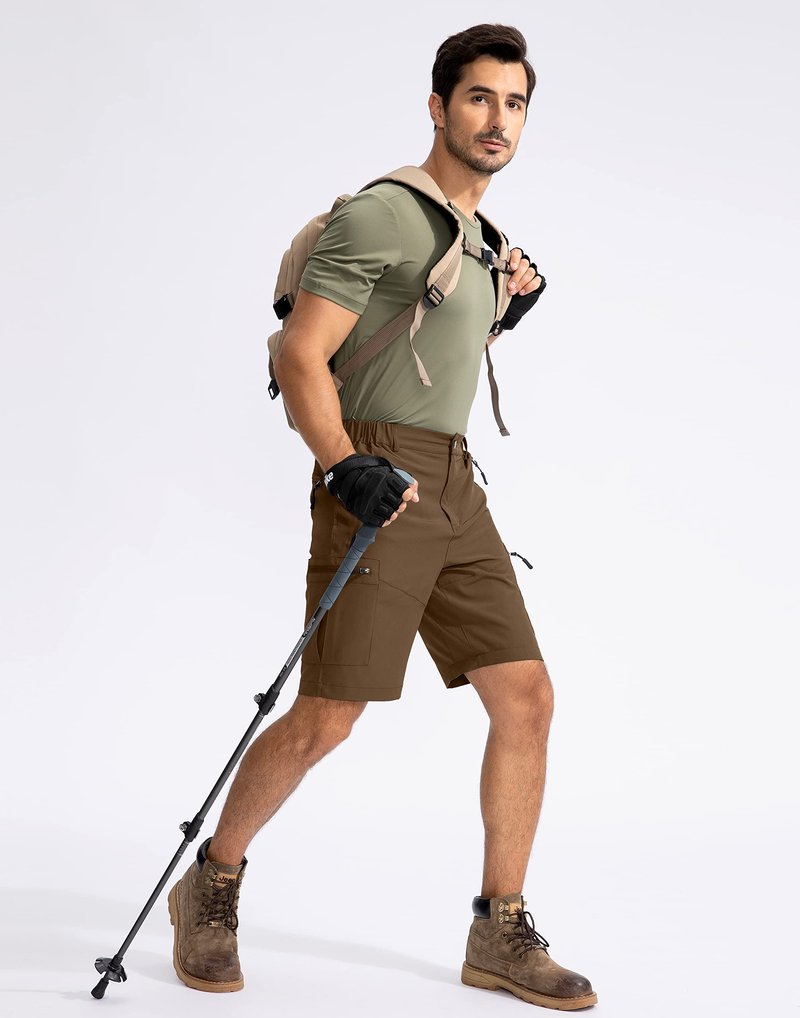 Pudolla Men's Hiking Cargo Shorts 9" Lightweight Outdoor Work Shorts for Men Travel Golf Camping Casual with 5 Zipper Pockets(Brown Large)
