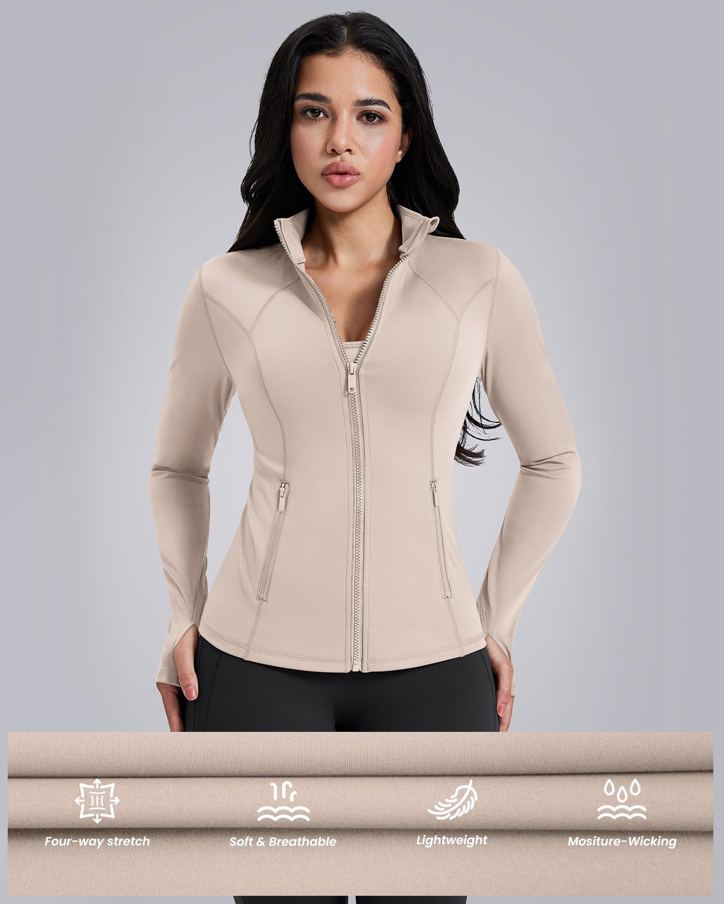 AVGO Womens Workout Jackets Lightweight Athletic Zip Up Jacket Slim Fit Running Gym Top with Pockets & Thumb Holes(Almond, M)