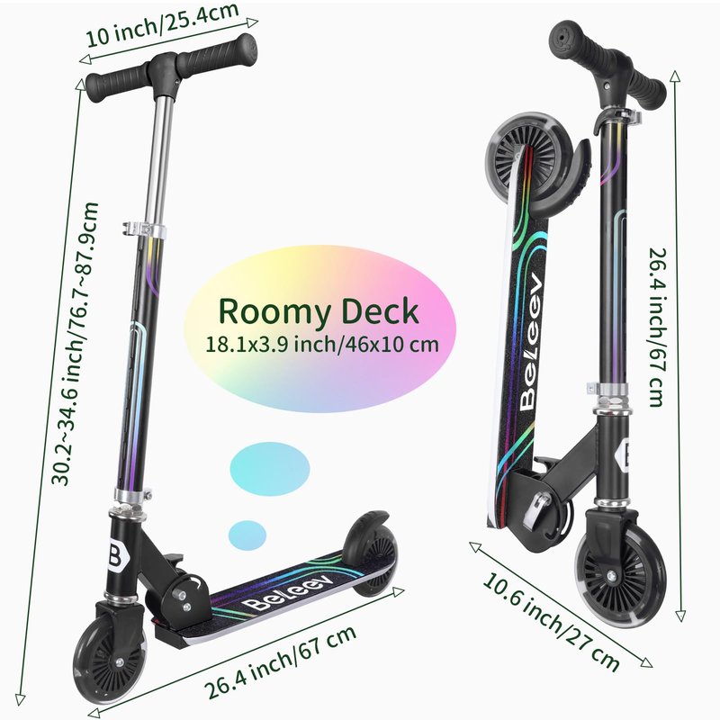 BELEEV Scooters for Kids Ages 3-12 with Light-Up Wheels & Stem & Deck, 2 Wheel Folding Scooter for Girls Boys, 3 Adjustable Height, Non-Slip Pattern Deck, Kick Scooter for Children (Black)