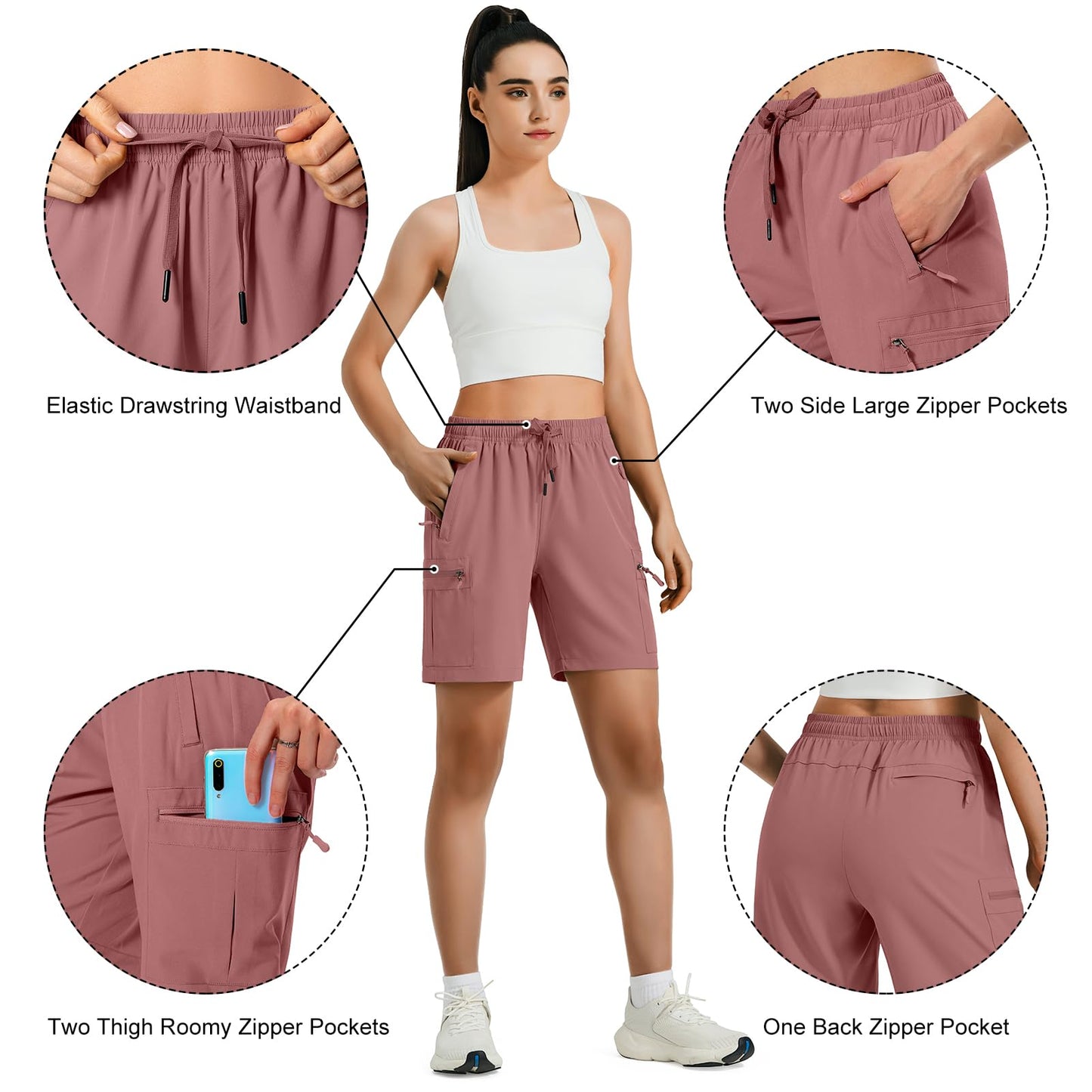 Hugut Women's Lightweight Hiking Cargo Shorts Quick Dry Athletic Shorts Camping Travel Golf Zipper Pockets Water Resistant Dusty Pink