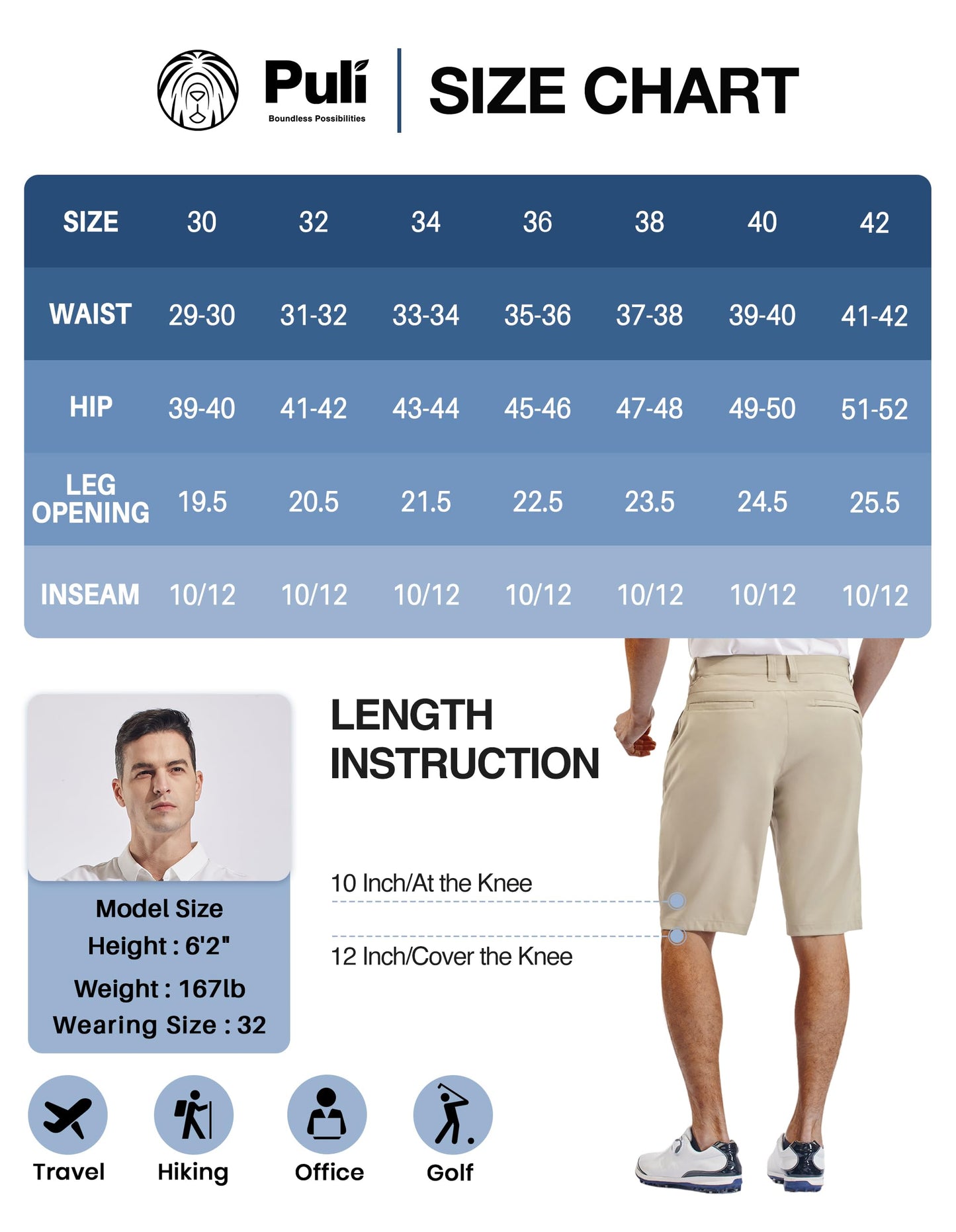 PULI Golf Dress Shorts Men 12'' Inseam Lightweight Flat Front with Pockets