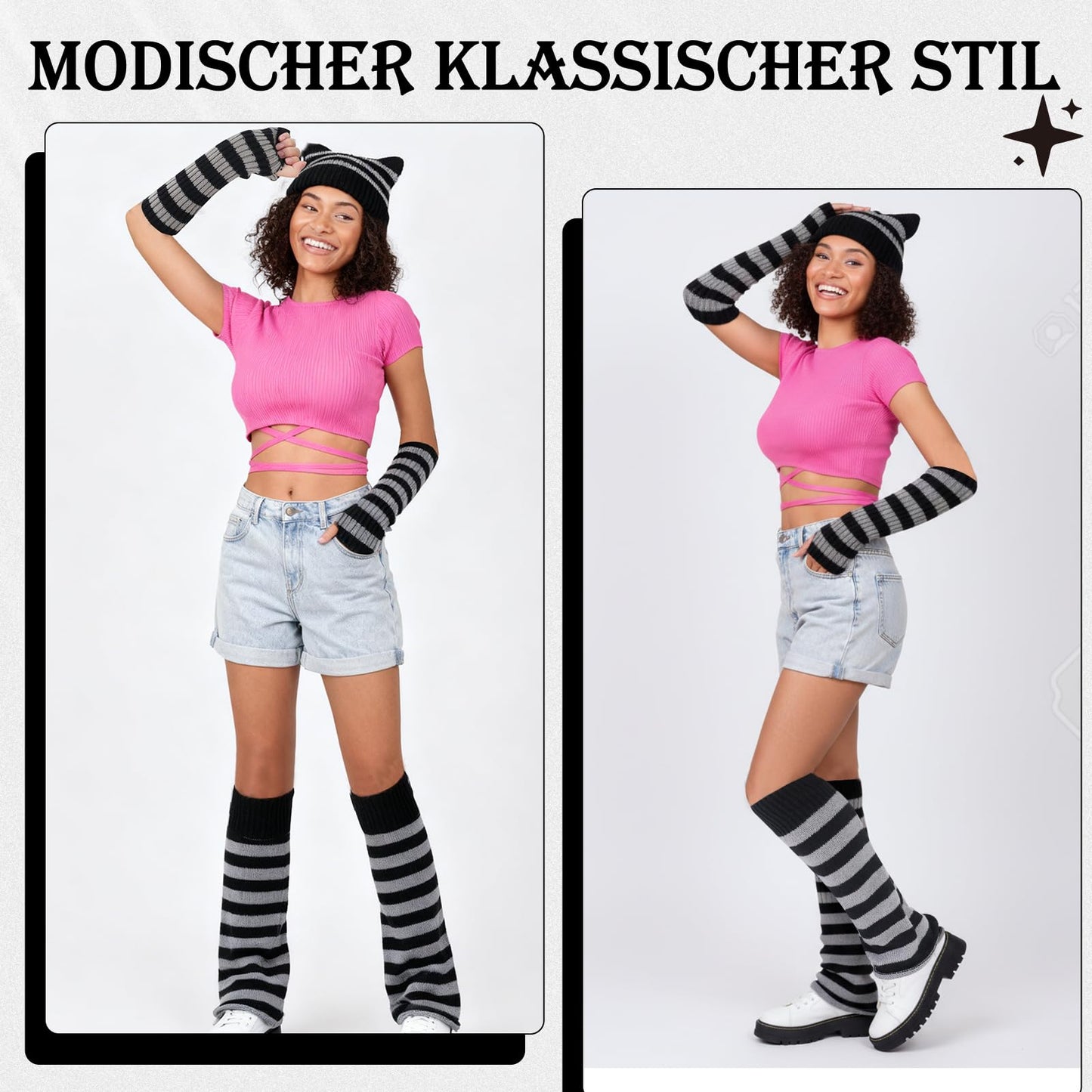 Zhamate Y2K Striped Crochet Beanie Hats Set Cat Beanie Accessories with Arm and Leg Warmers Necklaces Star Earrings for Women