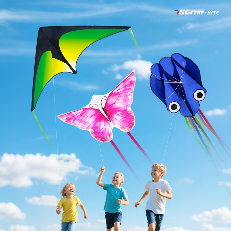 SGftre 3 Piece Set Butterfly Delta Octopus Kites for Kids and Adults,Easy to Fly for Outdoor Adults Children Line Kite for Kids Toy (Delta 2+Octopus 2+Butterfly 2, 6)