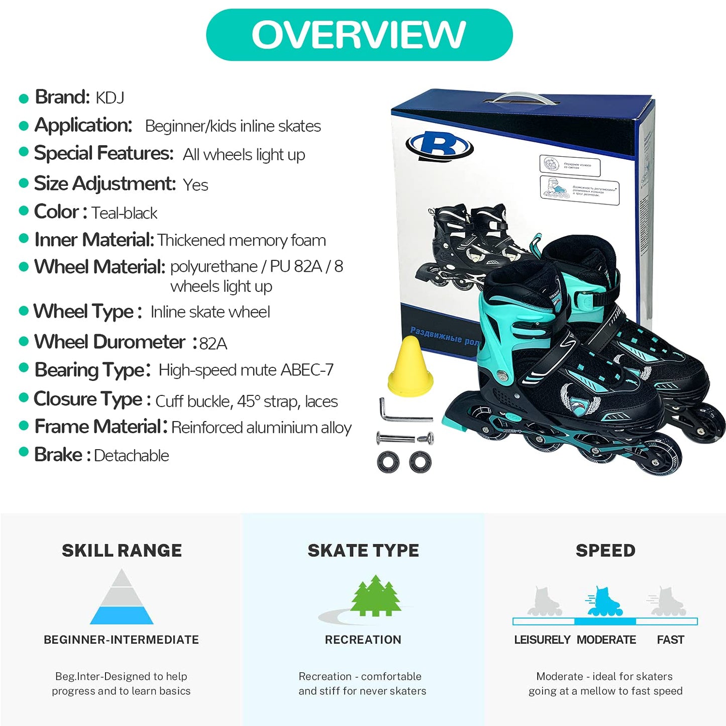 KDJ Inline Skates for Kids,Adjustable Roller Skates with 4 Illuminating Pu Wheels,Outdoors Indoors Roller Skates for Boys Girls Beginners