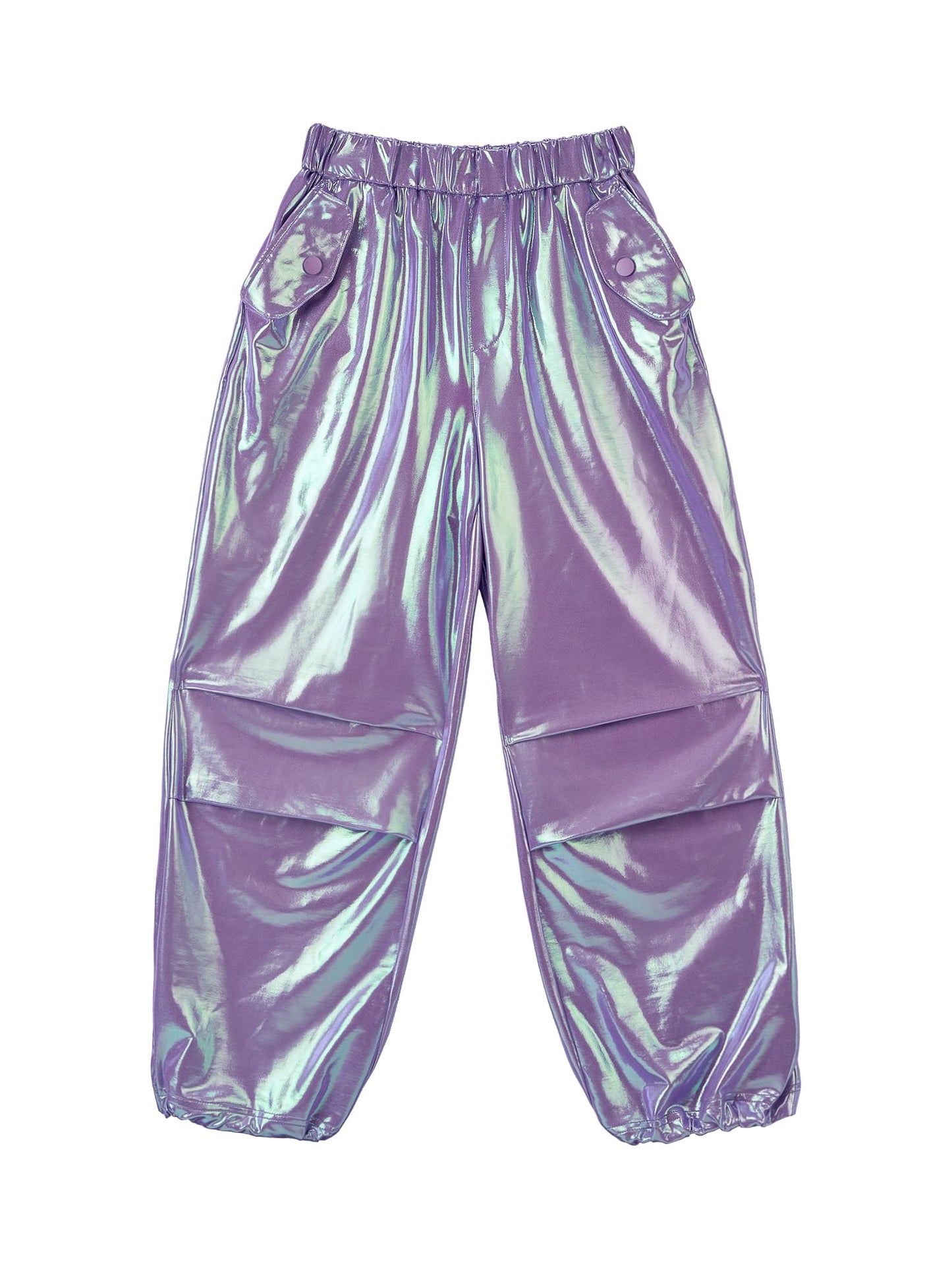 Stelle Girls Metallic Cargo Pants Shiny Hip Hop Dance Joggers Sparkly Stretchy Wide Leg Street Pants for Kids,Iridescent Purple,8-9 Years