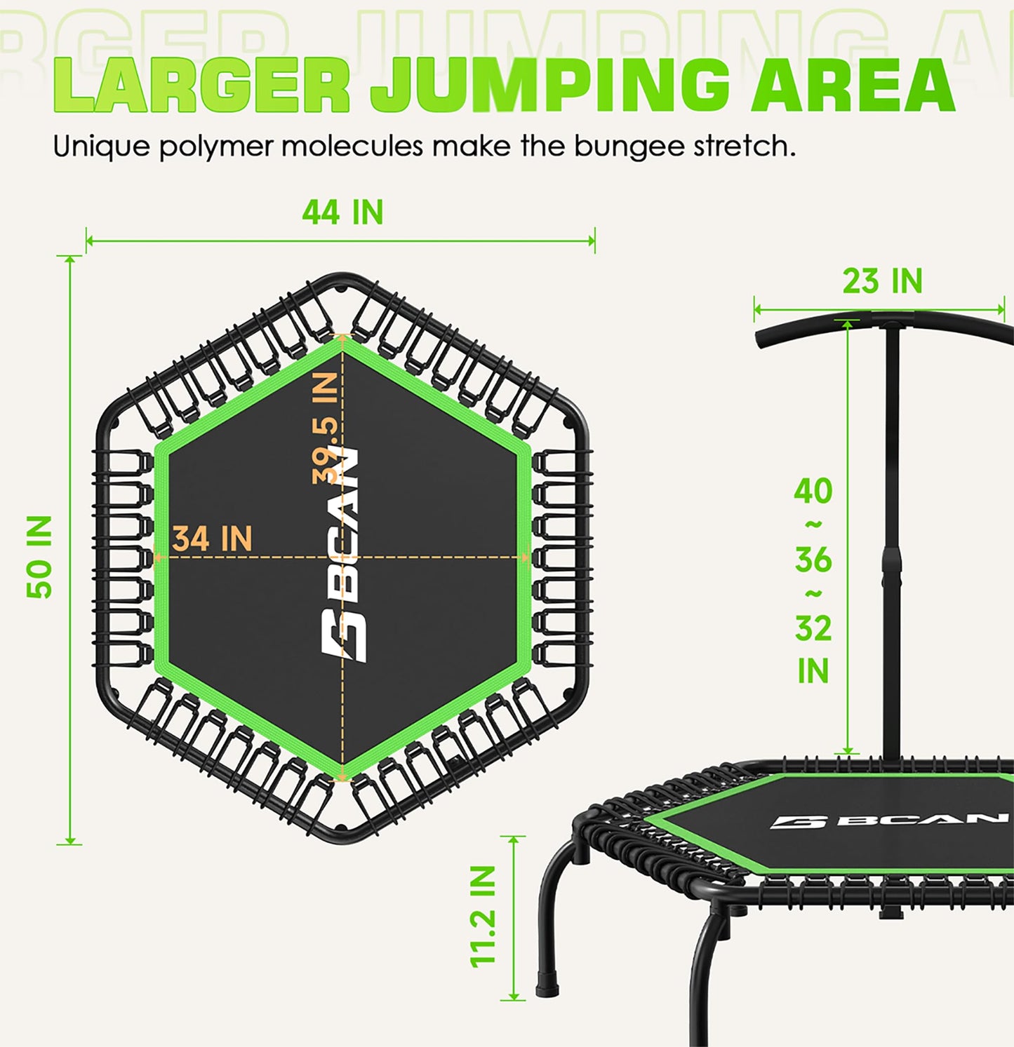 BCAN 48" Mini Trampoline, 550 LBS Fitness Trampoline with T-Adjustable Handle Bar, Bungees, Stable & Quiet Exercise Rebounder for Adults Indoor/Garden Workout-Green