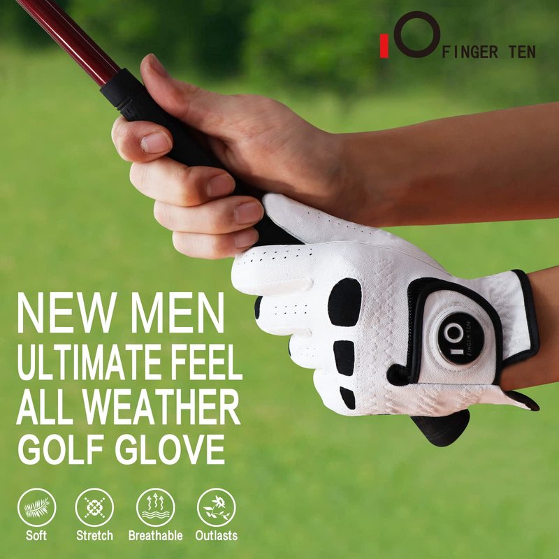 FINGER TEN Men’s Golf Gloves Left Hand Right with Ball Marker 2 Pack, Weathersof Grip Soft Comfortable, Fit Size Small Medium ML Large XL (Cadet S, Worn on Left Hand)