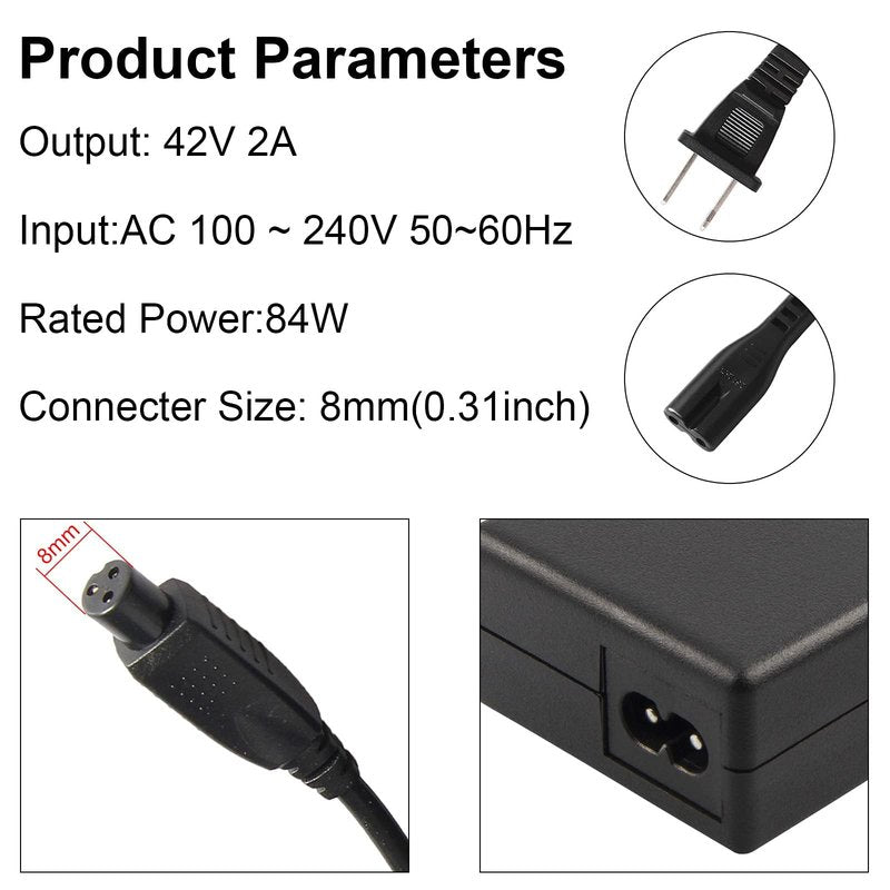 0.31inch 42V 2A Power Adapter with 3-Prong Inline Connector for Dirt Quad, Pocket Mod, Sports Mod 36V Lithium Battery Power Supply - Compact/Portable Charger