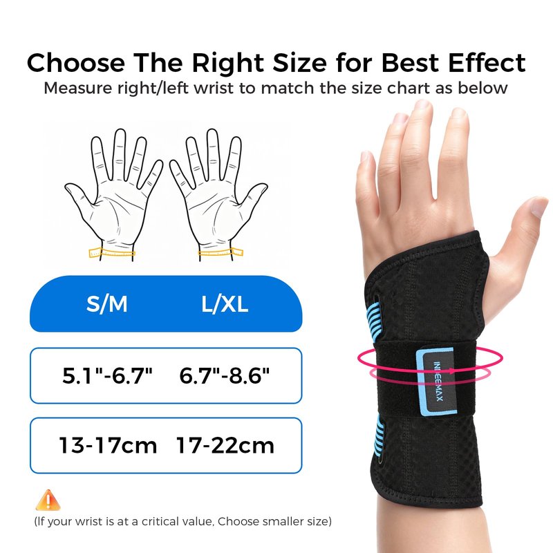 Carpal Tunnel Wrist Support Brace Night & Day-Right Hand for Work, Pain Relief, Wrist Splint for Tendonitis, Sprain, Strain, Rigid Hand Brace for Arthritis for Women & Men (Blue, S/M, Right Hand)