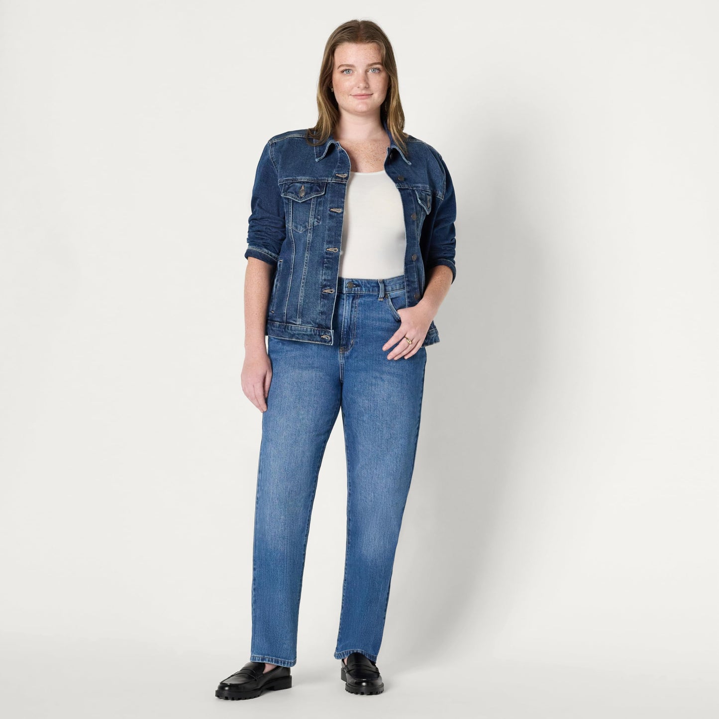Amazon Essentials Women's Oversized-Fit Rigid Denim Trucker Jacket, Stone Dark Wash, Large