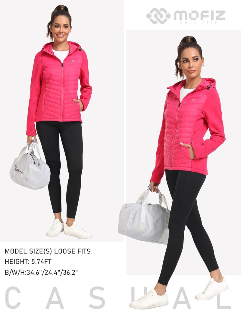Fleece Lined Women's Softshell Jacket - Lightweight Hooded Insulated Puffer Coat | Full Zip Running Design