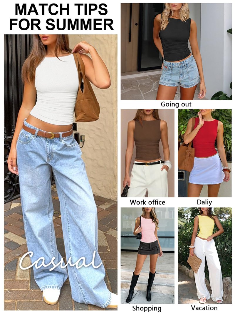 MIYIEONZ Womens Boat Neck Tops for Women Mesh Ruched Double Lined Tank Top Y2k Cute Going Out Summer Clothes Medium White