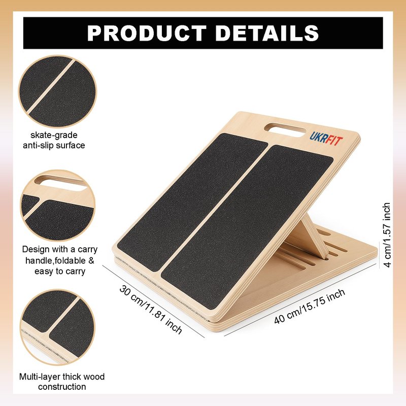 UKRFIT Adjustable Slant Board for Calf Stretching – Foldable Non-Slip Incline Board for Ankle Mobility & Achilles Tendon, Wooden Balance Trainer with Resistance Bands