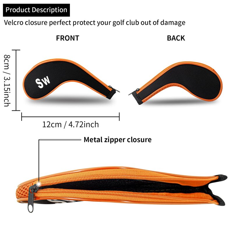 Golf Club 12pcs Thick Synthetic Zipper Long Neck Set Headcover Fit The Most Brands, Side Number Golf Iron Club Head Cover LW SW PW Covers #3,4,5,6,7,8,9