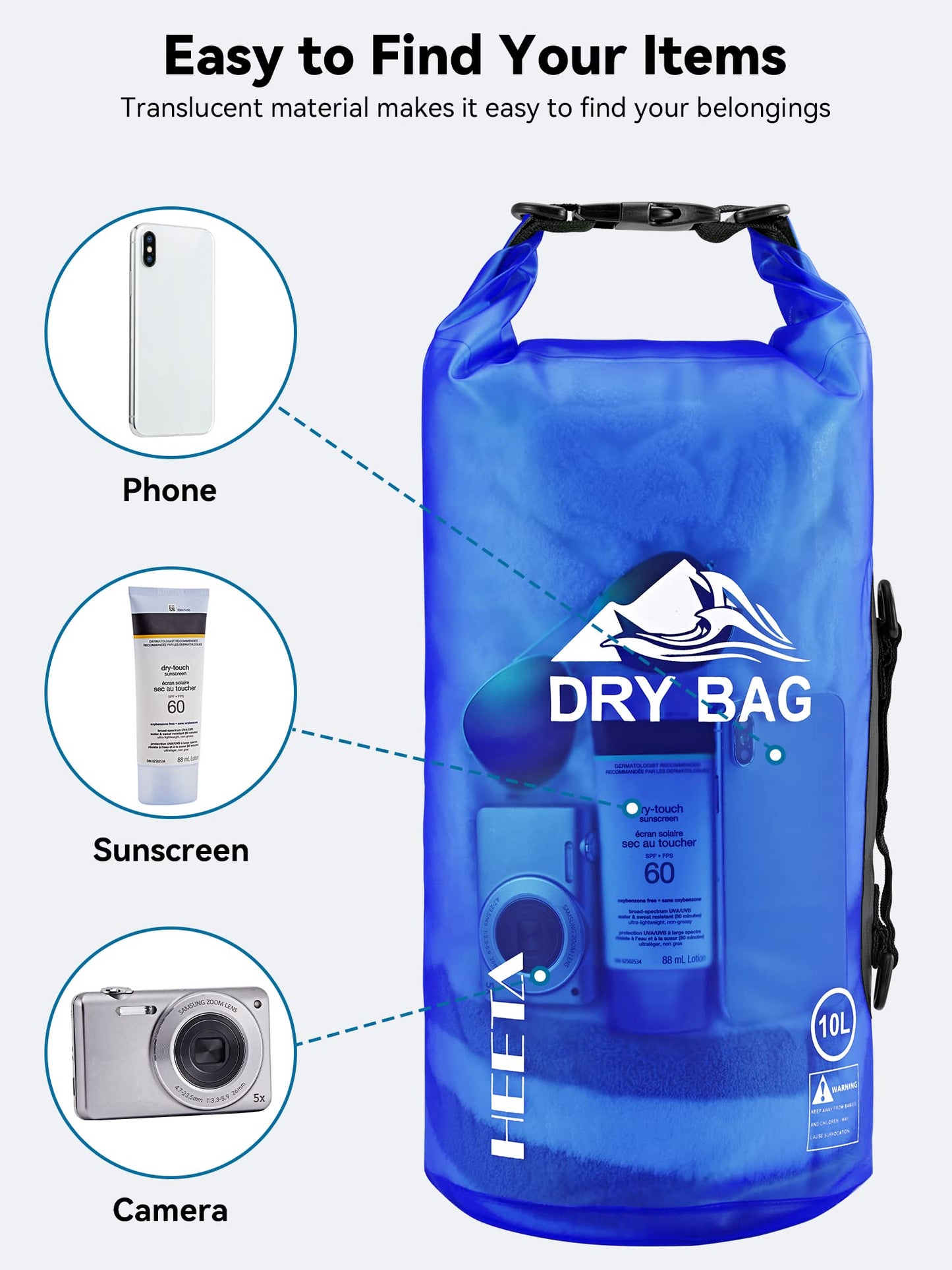 HEETA Dry Bag Waterproof for Women Men, Roll Top Lightweight Dry Storage Bag Backpack with Phone Case for Travel Swimming Boating Kayaking Paddle Board Camping Beach Accessories (Navy Blue, 5L)