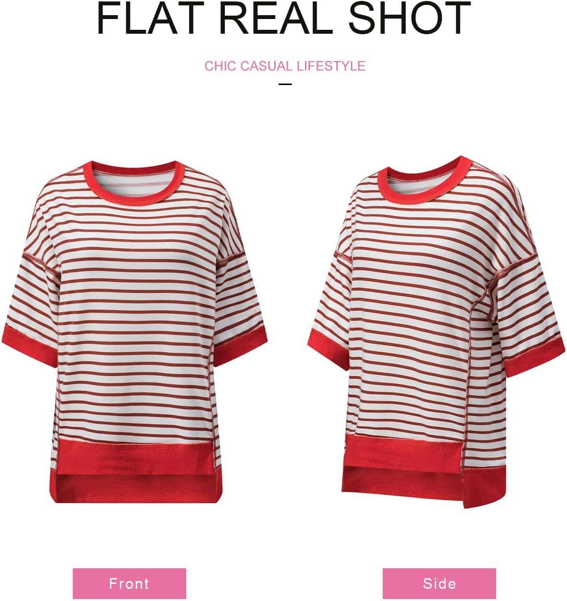 Womens Casual Striped Short Sleeve Sweatshirt - Comfortable Crewneck Pullover Top | Loose Fit Blouse