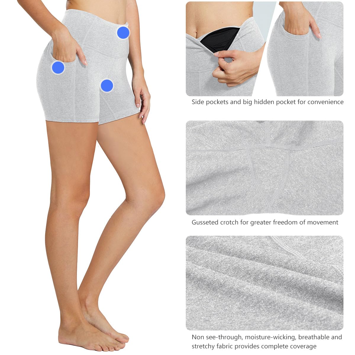 baleaf Workout Shorts Women 5" Biker Yoga Gym Spandex Running Volleyball Compression Tummy Control Short with Pockets Light Grey S