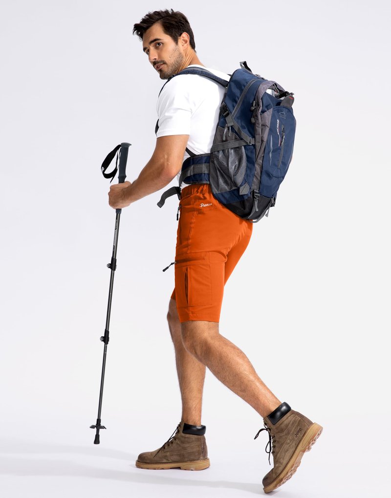 Pudolla Men's Hiking Cargo Shorts 9" Lightweight Outdoor Work Shorts for Men Travel Golf Camping Casual with 5 Zipper Pockets(Orange XX-Large)