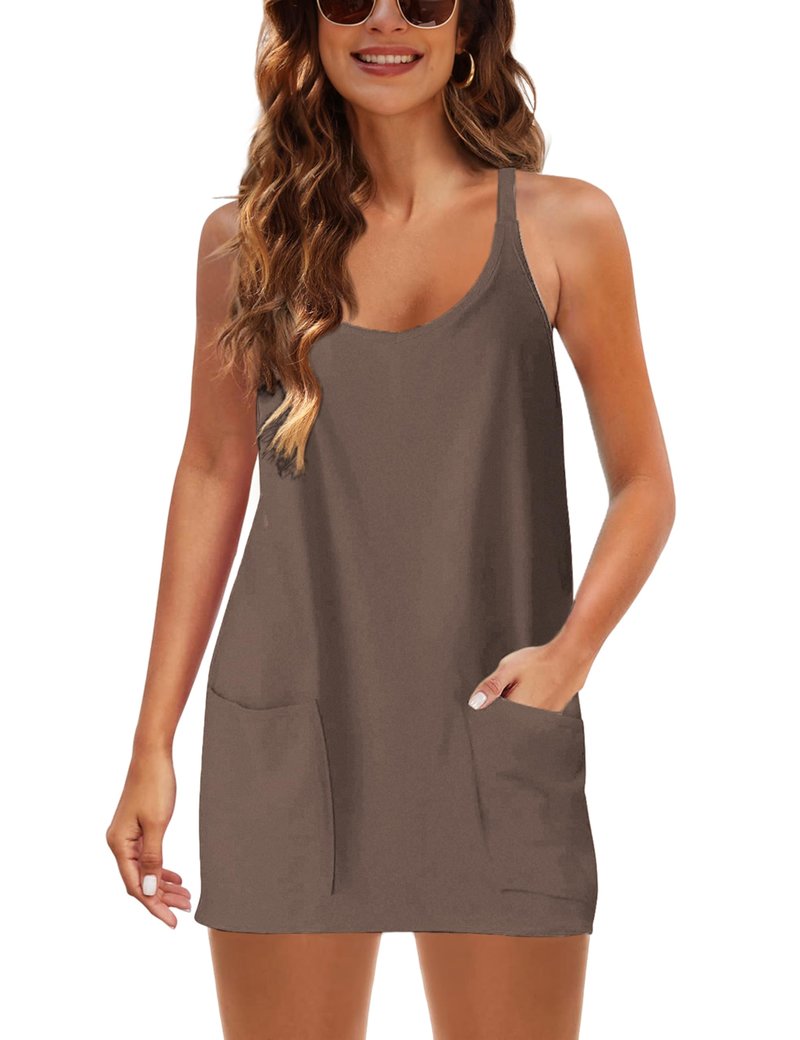 Lentta Womens Athletic Sleeveless Mini Dress with Built-in Shorts V Neck Spaghetti Strap Sundress(LightCoffee-S)