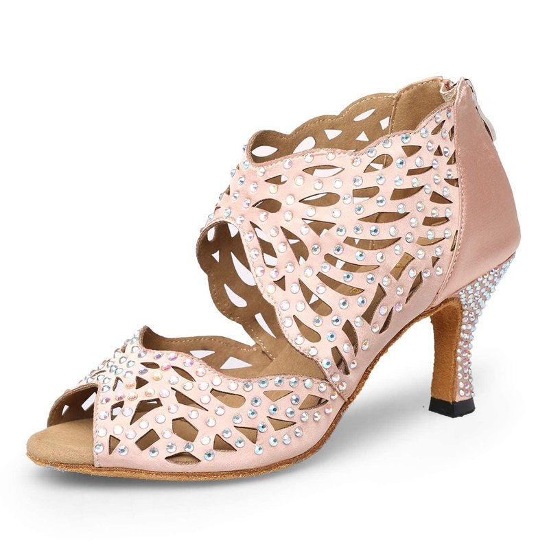 WUAILIM Women Rhinestone Dance Shoes Latin Salsa Bachata Practice Performance Dancing Footwear (Beige-2.36 inch-Heels, Numeric_9)