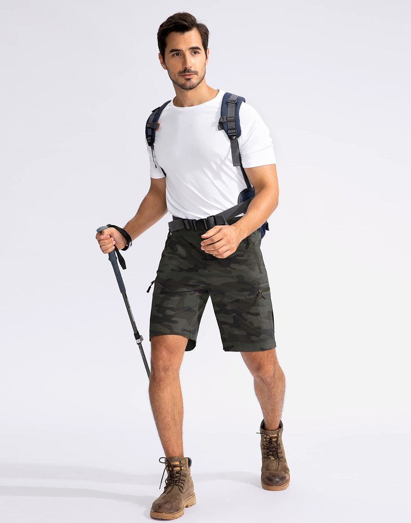 Pudolla Men's Hiking Cargo Shorts 9" Lightweight Outdoor Work Shorts for Men Travel Golf Camping Casual with 5 Zipper Pockets(Green Camo 3X-Large)