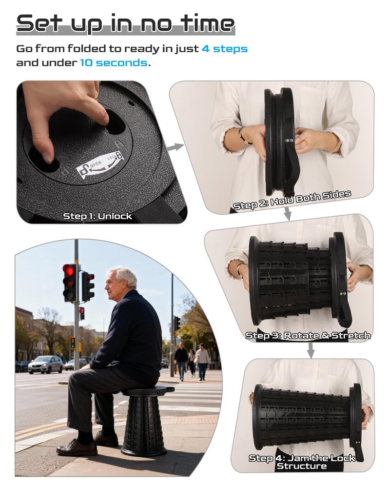Spisces 2026 Heavy Duty XXL Collapsible Stool | 1000lbs Capacity, 20-in Taller & 13-in Wider Foldable Retractable Telescoping Stool for Adults, Oversized Camping, Fishing, Concert, Event, Stadium