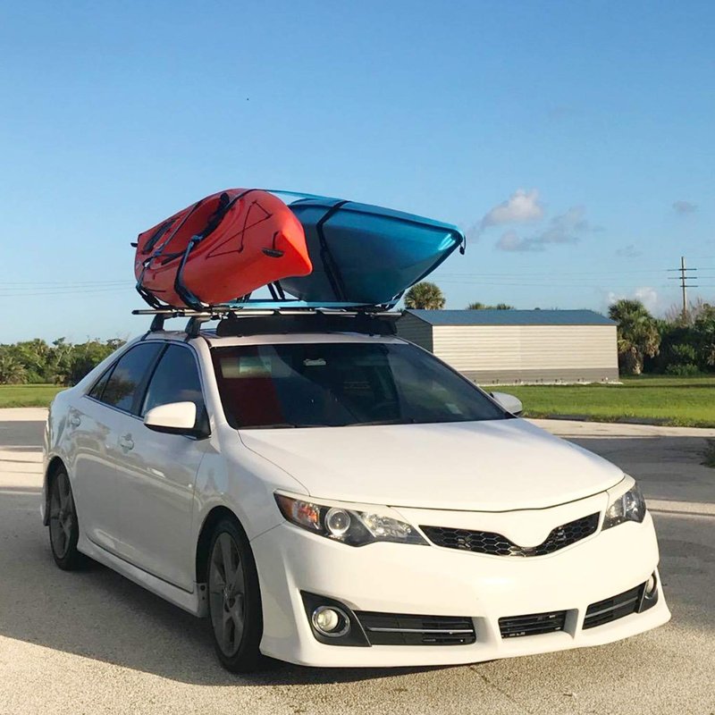 XCAR Universal 2 Pairs Kayak Roof Rack for Surfboard Paddleboard Canoe SUP Boat Skiboard- Rooftop J Bars Carriers Holders for Vehicle Car SUV - Roof Top Mount Kayaks Carrier with 4pcs Straps