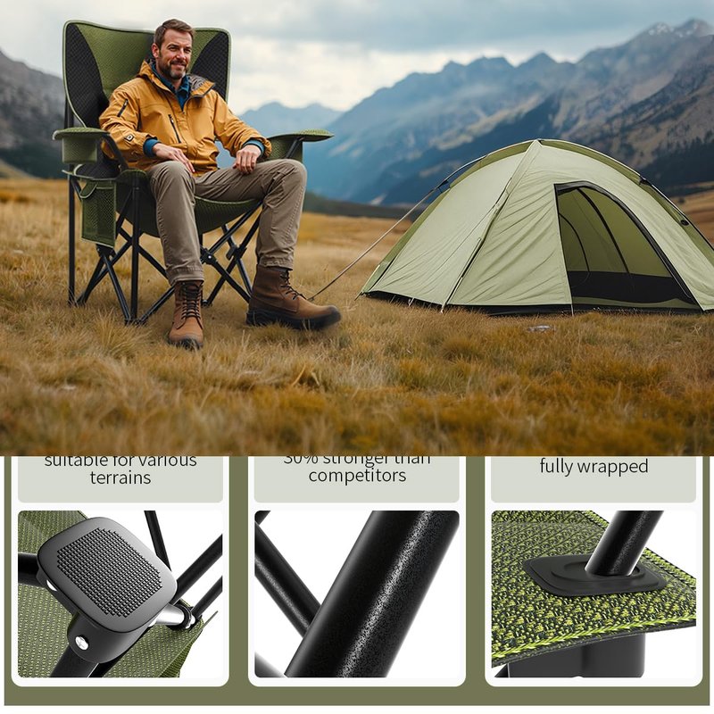 Heavy Duty Folding Chair 500LB Capacity, Oversized Camping Chairs with Cup Holder, Cooler Bag & Storage Pouch, Outdoor Chairs for Sports, Lawn Chairs , Fishing, Beach (2, Black Green, Oversized)