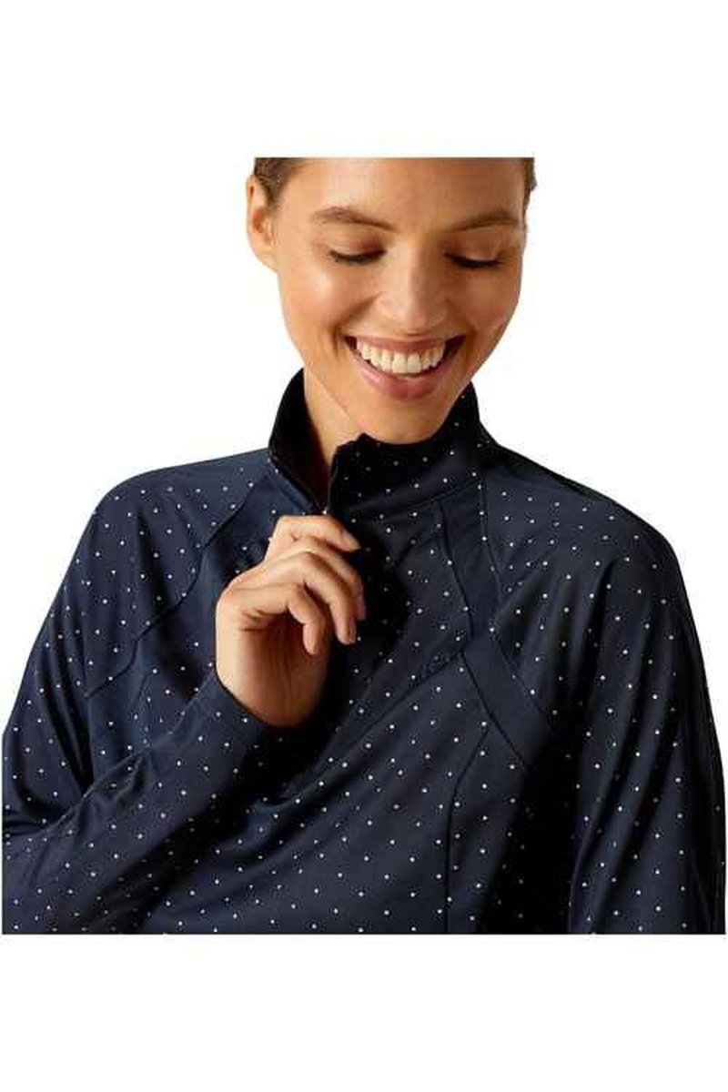 Ariat Women's Sunstopper 3.0 1/4 Zip Baselayer, Navy Dot, Medium