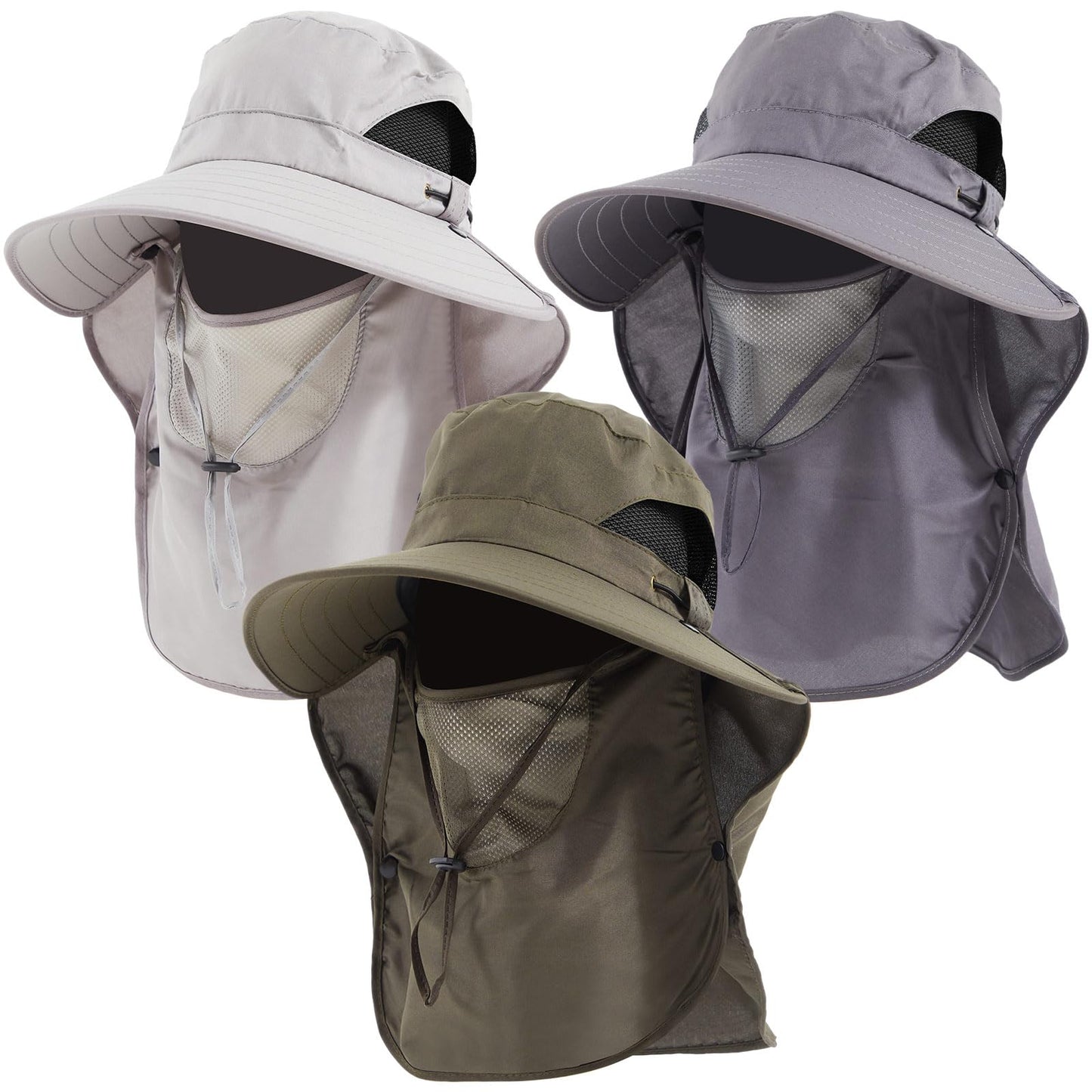Cuffbow 3 Pcs Sun Hat for Men Women with Neck Flap Breathable Wide Brim Bucket Hat UV Protection UPF 50+ Fishing Hiking(Dark Gray, Gray, Army Green)