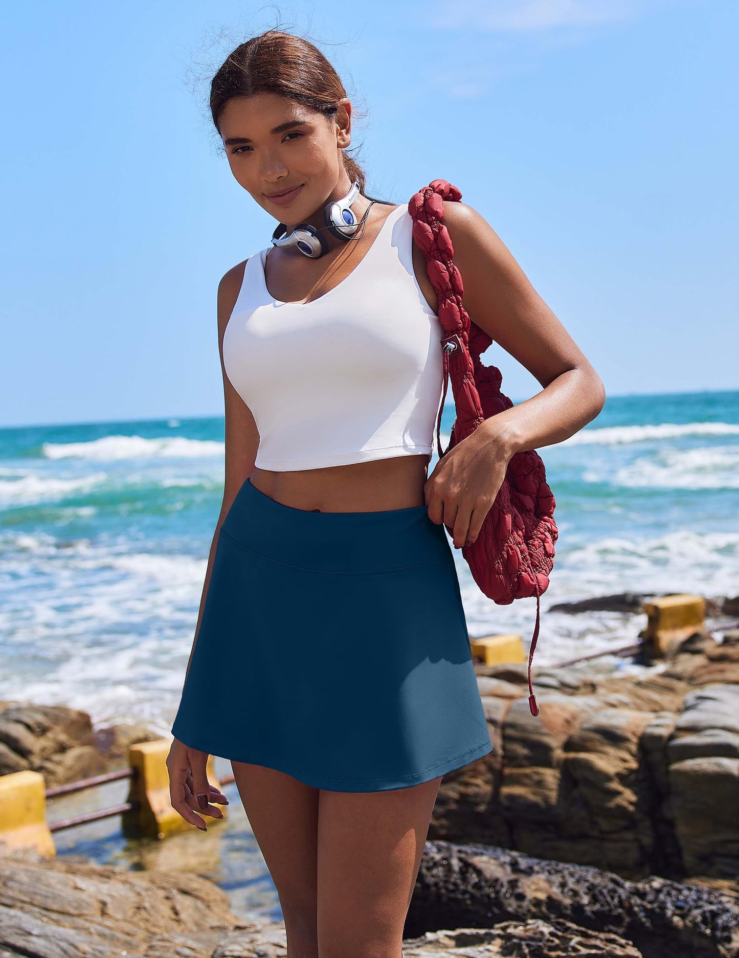 PINSPARK Tennis Skirts for Women Workout Golf Skorts Pleated High Waisted Athletic Skirt with Pockets,Dark Blue X-Small