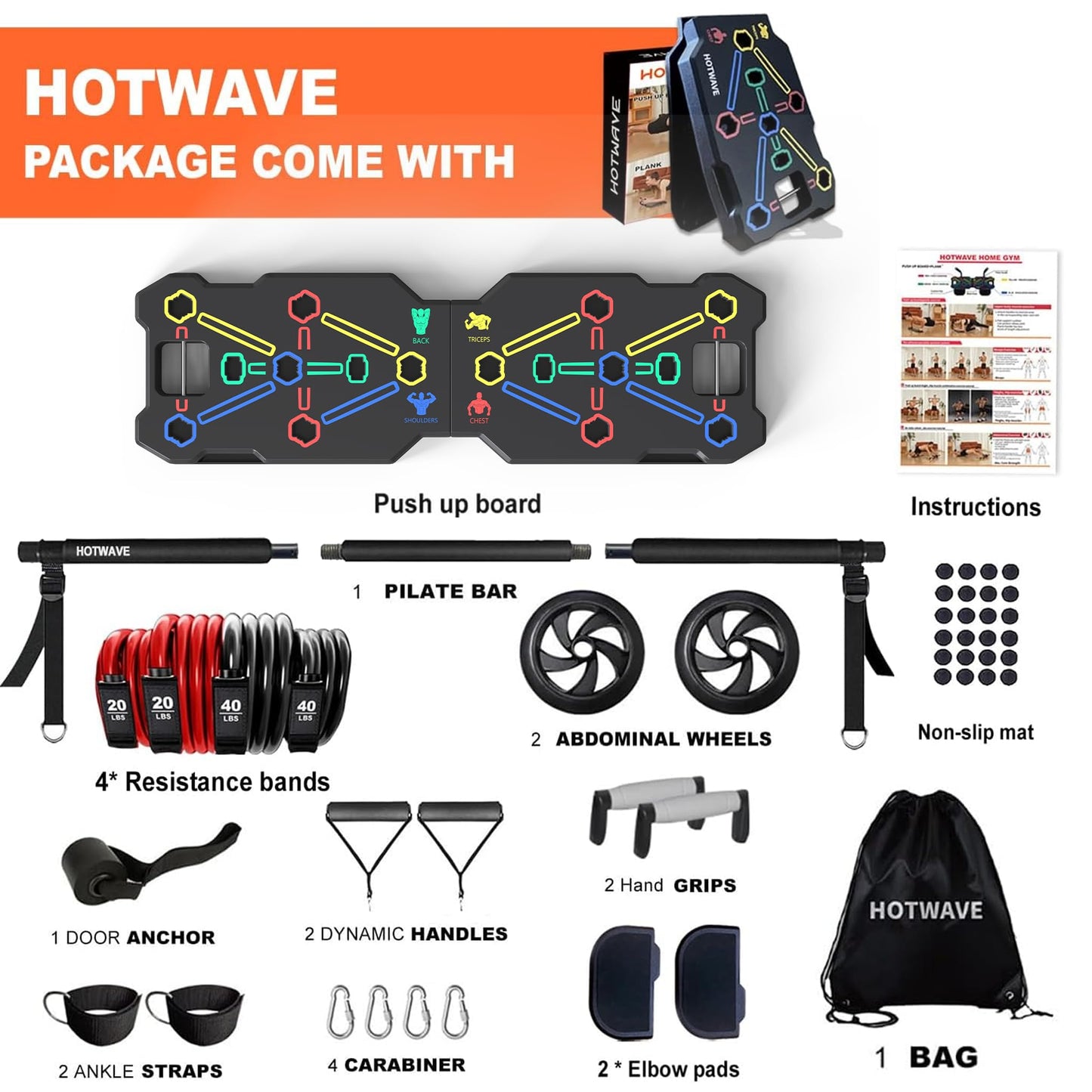 HOTWAVE Portable Workout Equipment with 20 Gym Accessories, Push Up Board &Plank Trainer, Resistance Bands with Ab Wheel, Exercise at Home For Men and Women