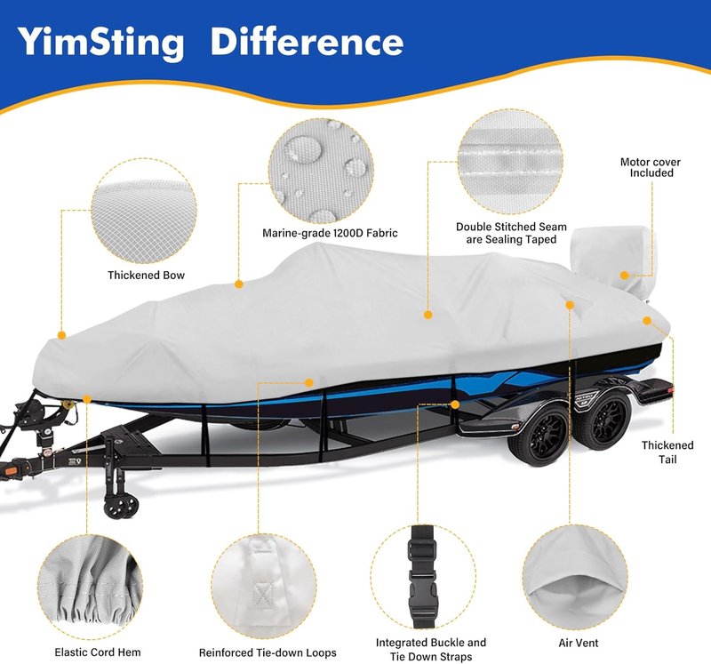 Waterproof Boat Cover - 1200D Heavy Duty Canvas for 14' to 16' Bass, V-Hull & Tri-Hull Boats | Gray