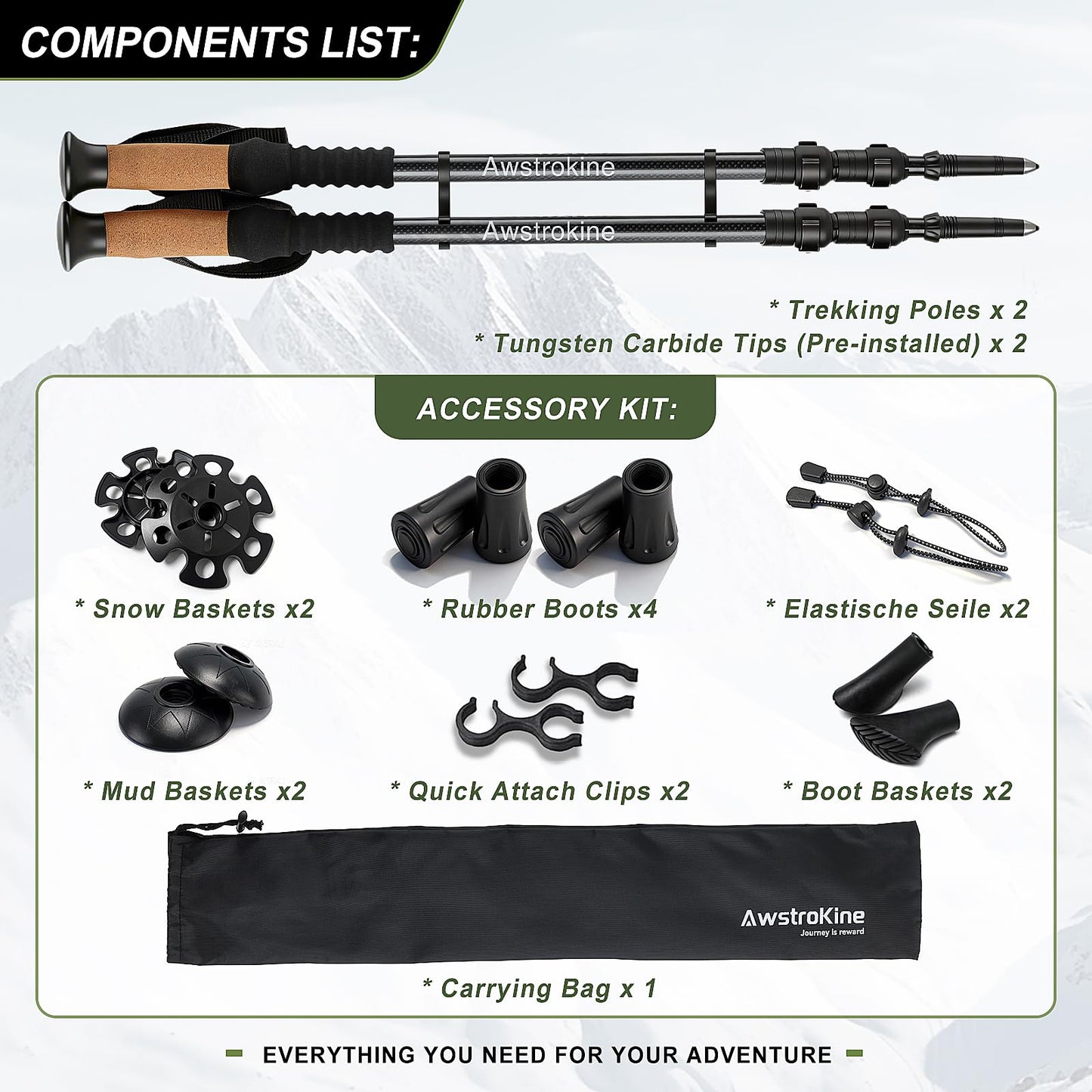 Carbon Fiber Trekking Poles - Lightweight Collapsible Hiking Poles with Cork Grips & Quick Flip Locks, Adjustable Hiking Sticks & All-Terrain Accessories for Women & Men
