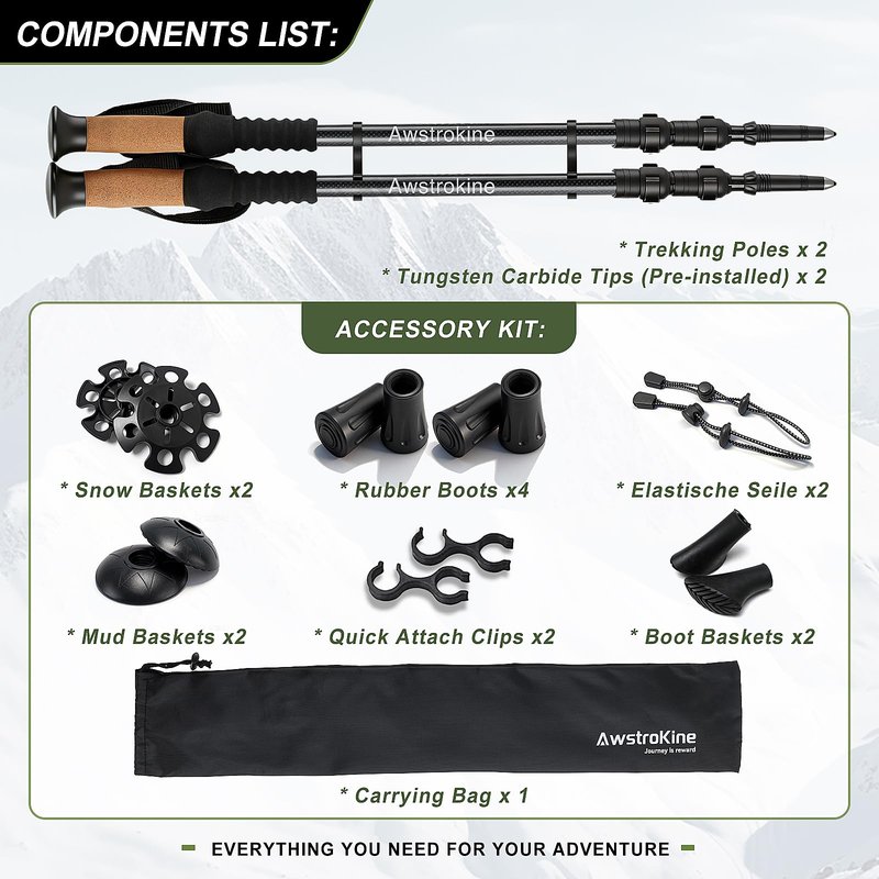 Carbon Fiber Trekking Poles - Lightweight Collapsible Hiking Poles with Cork Grips & Quick Flip Locks, Adjustable Hiking Sticks & All-Terrain Accessories for Women & Men