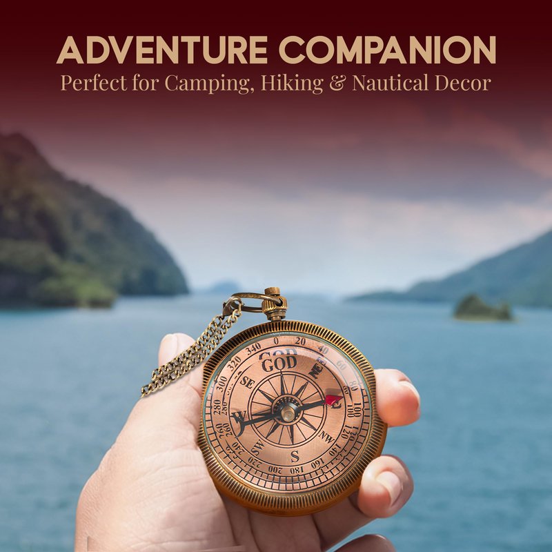 Antiqula Brass God Compass with Wooden Box, Antique Religious Gifts for Men with Quotes Engraved, Inspirational Camping Compass, Ideal Gifts for Baptism, Catholic, Christian, Communion & Graduation