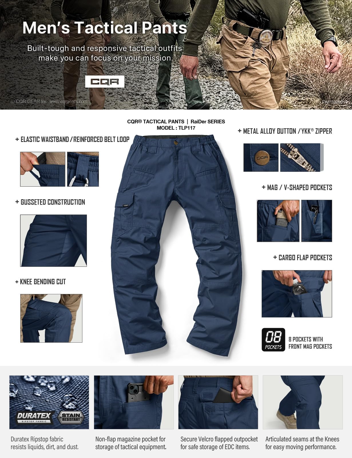 CQR Men's Tactical Pants, Water Resistant Ripstop Cargo Pants, Lightweight EDC Work Hiking Pants, Outdoor Apparel, Raider Midnight Blue, 32W x 32L