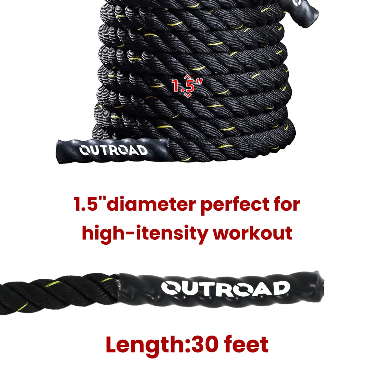Outroad Battle Rope, 1.5" Diameter 30ft Poly Dacron Workout Exercise Training Heavy Rope, Workout Equipment for Crossfit Training Home Gym & Fitness Exercises, Black and Pattern